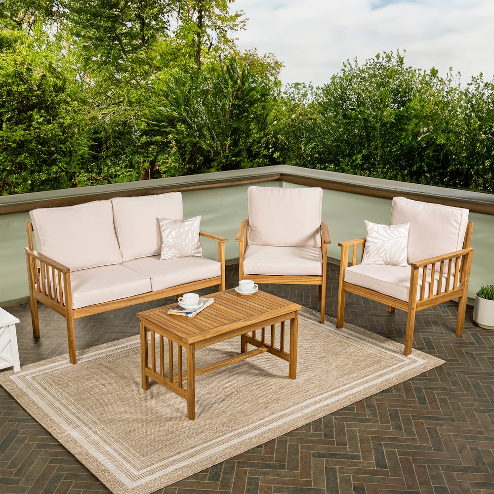 Everly 4-Piece Modern Cottage Acacia Wood Outdoor Patio Set. Picture 1