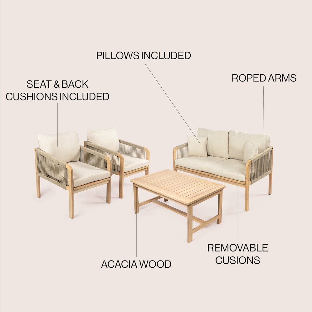 Tavira 4-Piece Modern Bohemian Acacia Wood Outdoor Patio Set. Picture 4