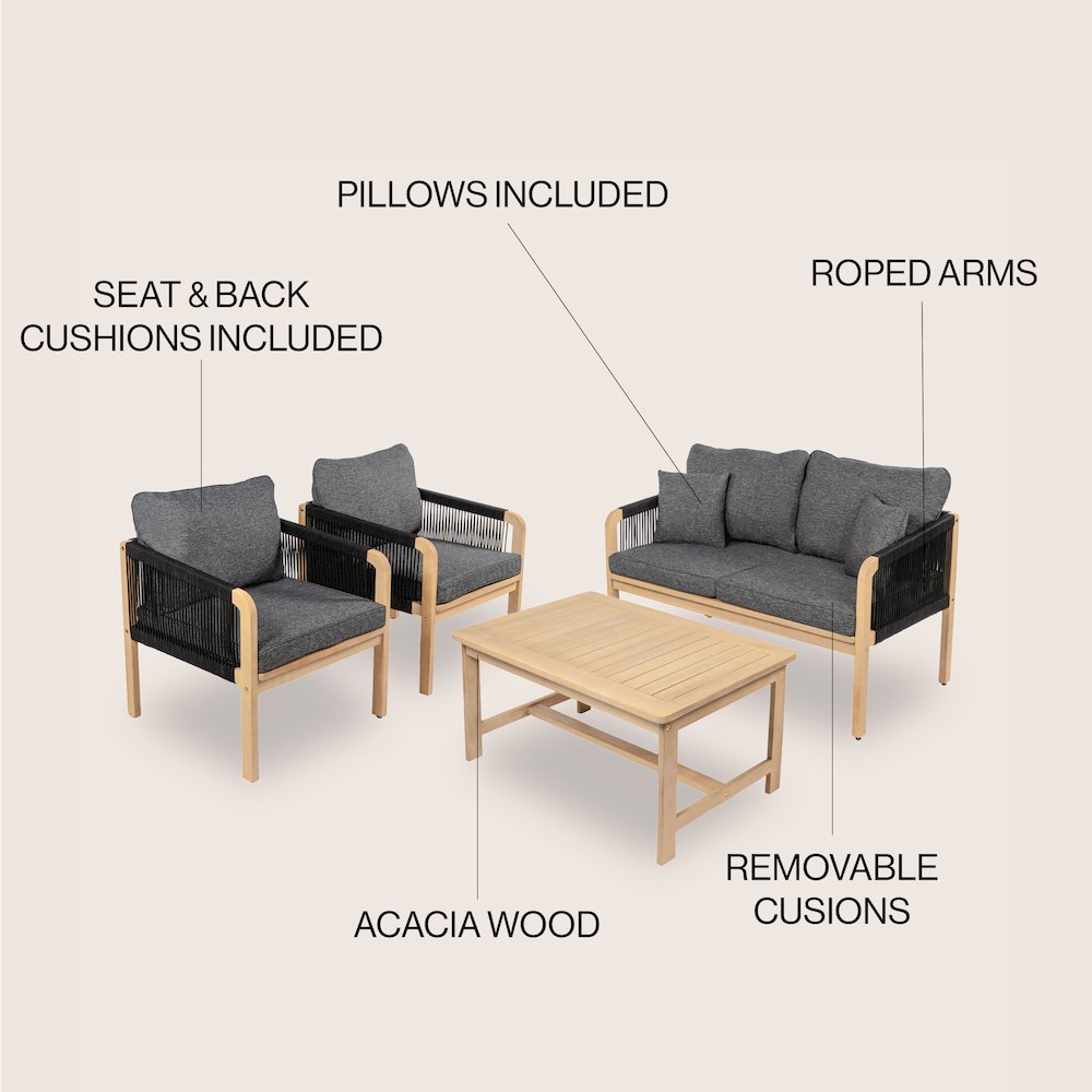 Tavira 4-Piece Modern Bohemian Acacia Wood Outdoor Patio Set. Picture 4