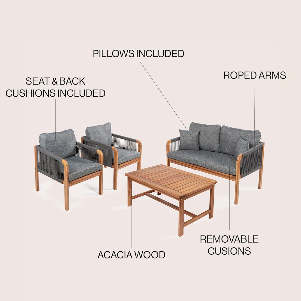 Tavira 4-Piece Modern Bohemian Acacia Wood Outdoor Patio Set. Picture 4