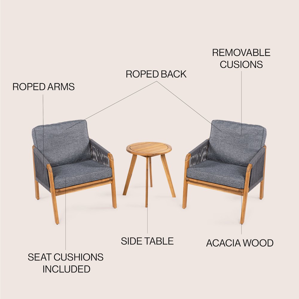 Aveiro Coastal 3-Piece Acacia Wood Outdoor Patio Conversation Set. Picture 5