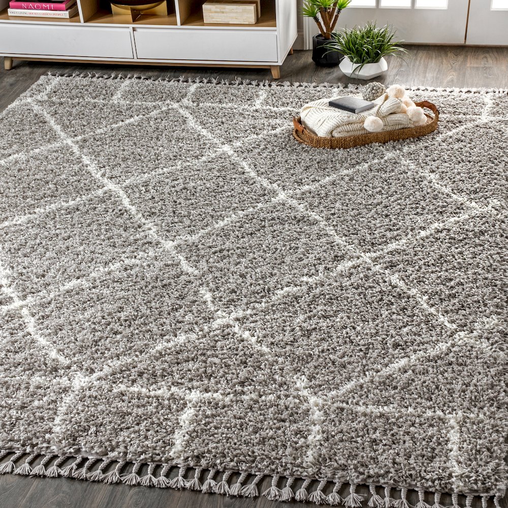 Mercer Shag Plush Tassel Moroccan Geometric Trellis Area Rug. Picture 2