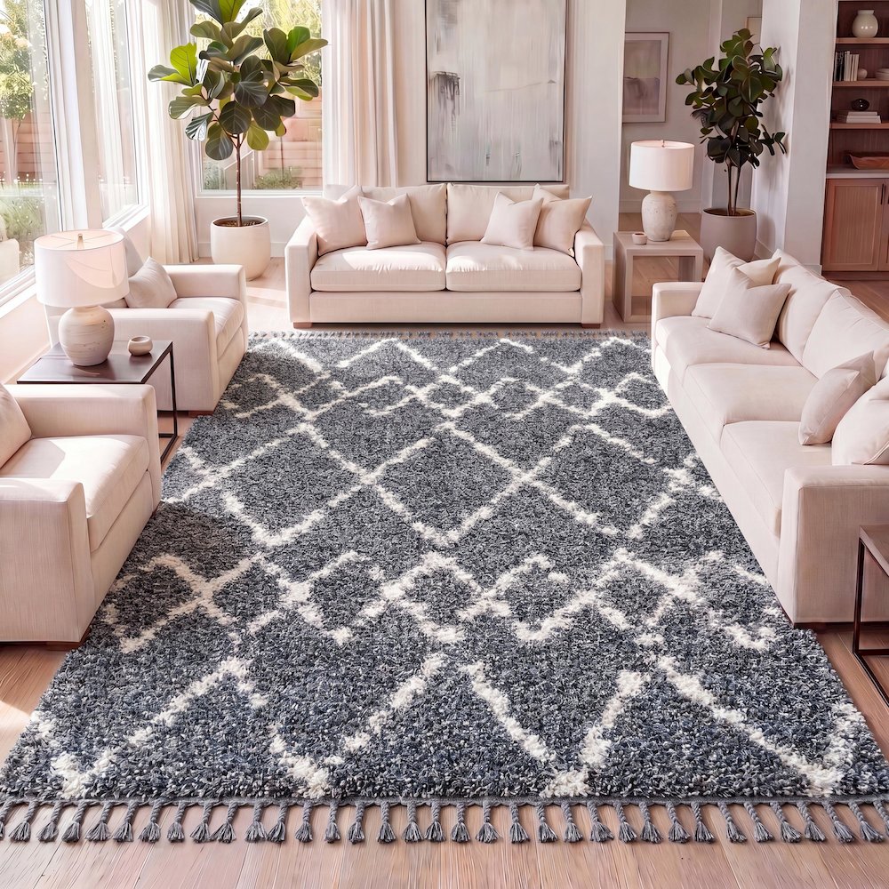 Mercer Shag Plush Tassel Moroccan Tribal Geometric Trellis Area Rug. Picture 10