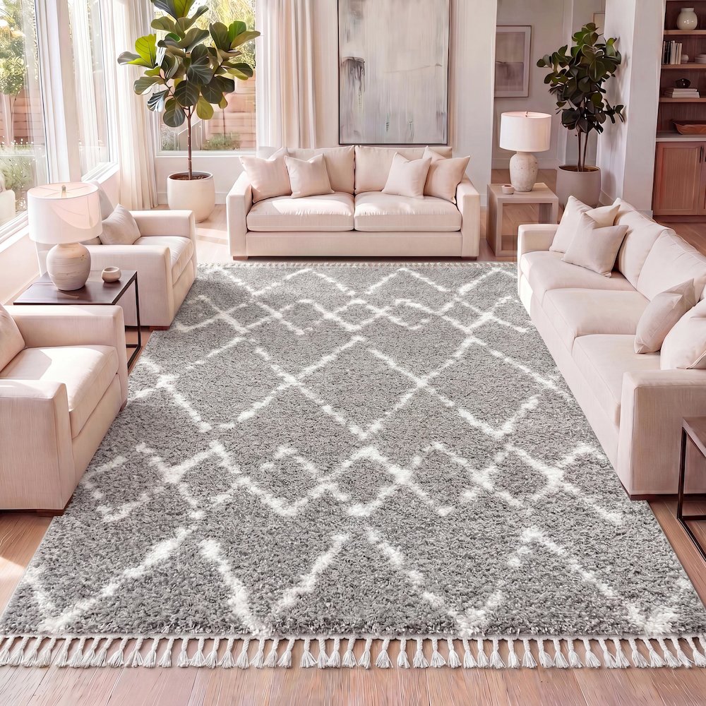 Mercer Shag Plush Tassel Moroccan Tribal Geometric Trellis Area Rug. Picture 10