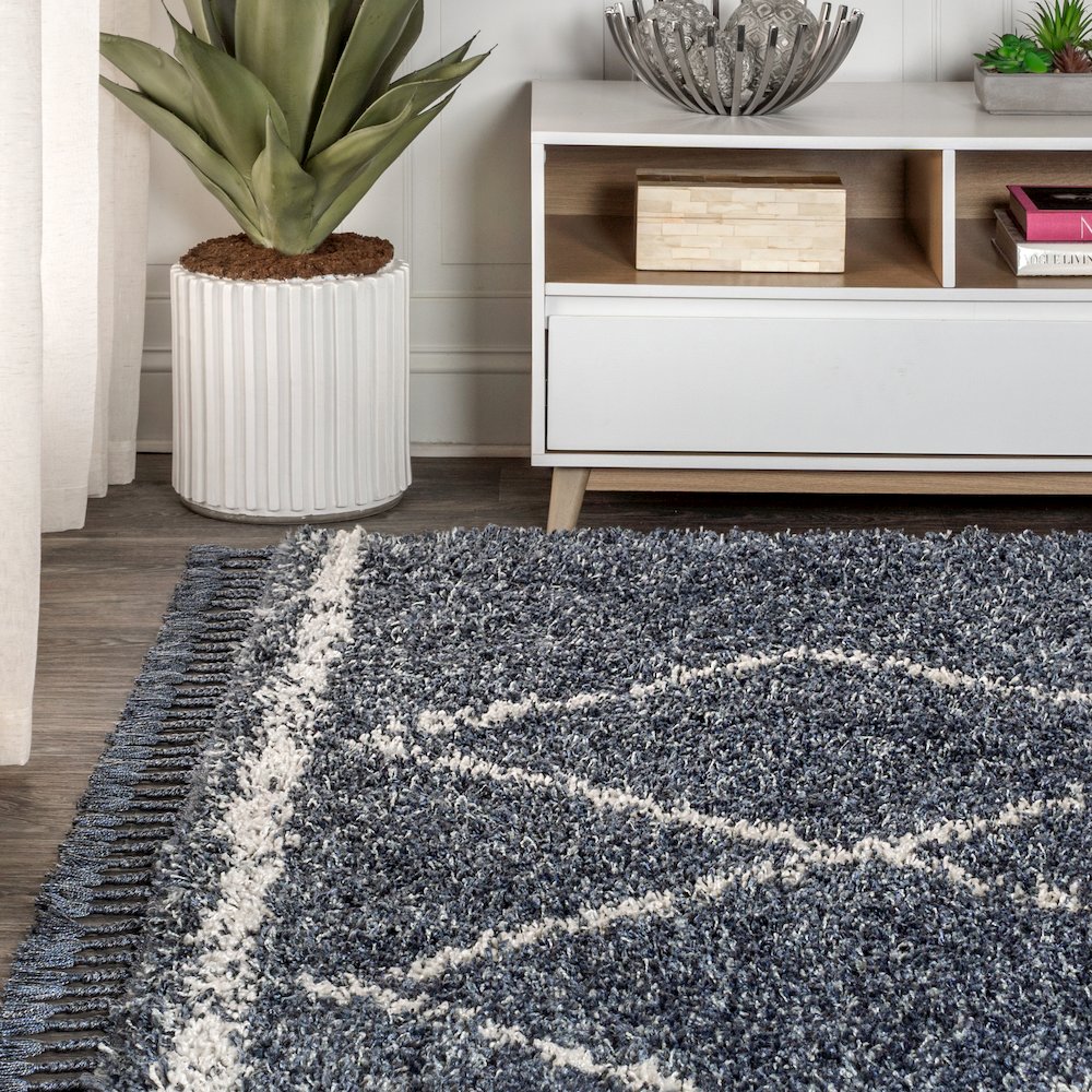 Beautiful Mercer Shag Plush Tassel Moroccan Tribal Geometric Trellis Area Rug. Picture 3