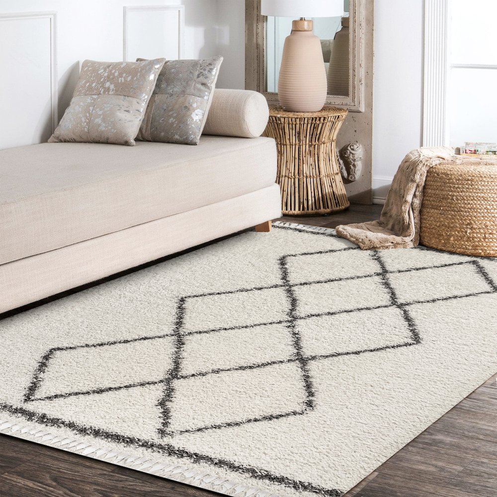 Beautiful Mercer Shag Plush Tassel Moroccan Tribal Geometric Trellis Area Rug. Picture 8