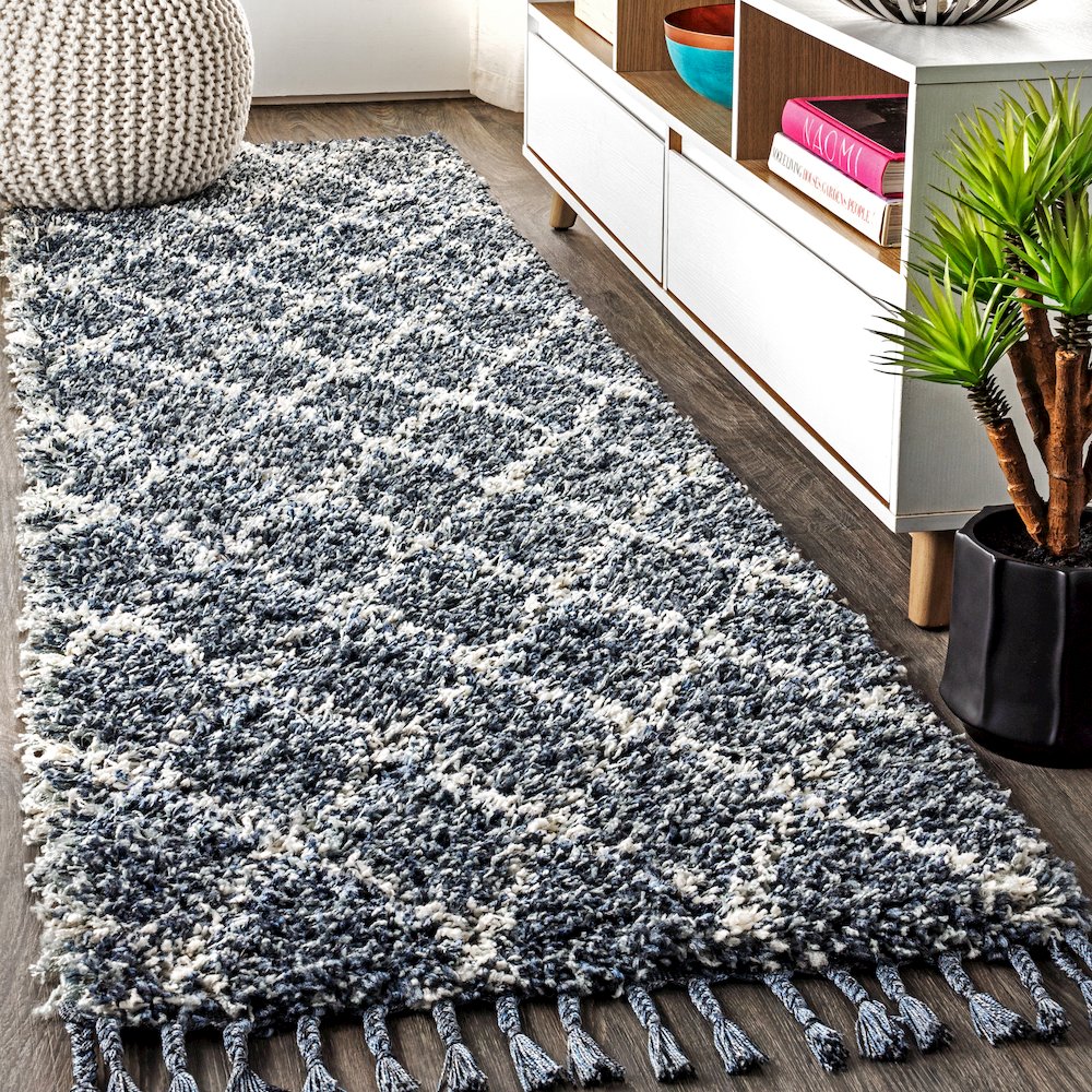 Gabrielle Mercer Shag Plush Tassel Moroccan Geometric Trellis Area Rug. Picture 2