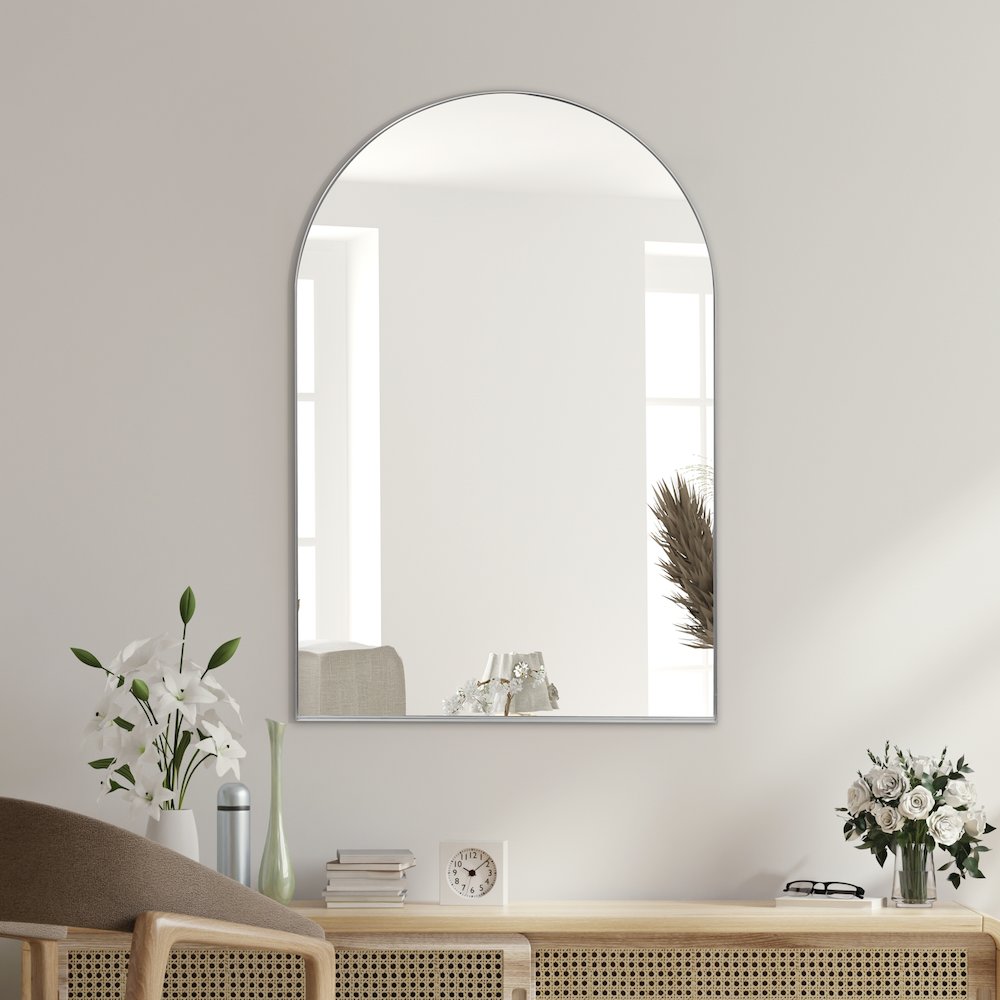 Elodie Medium Arched Metal Framed Wall Mounted Mirror. Picture 2
