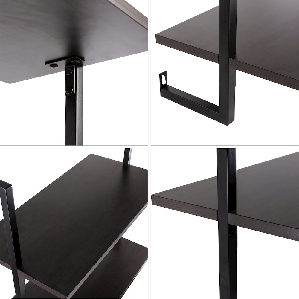 Industrial 3-Shelf Wood Wall-Mounted Open Ladder Bookcase with Metal Frame. Picture 2