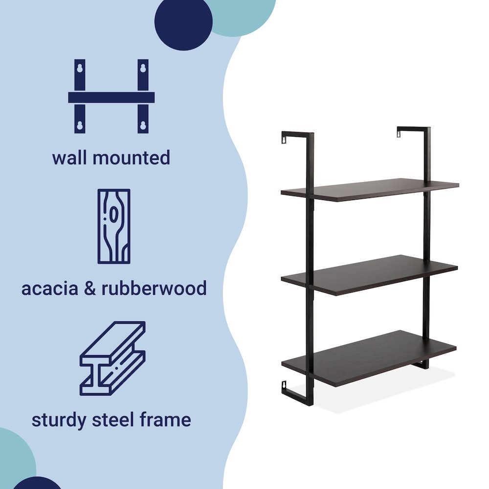 Industrial 3-Shelf Wood Wall-Mounted Open Ladder Bookcase with Metal Frame. Picture 1