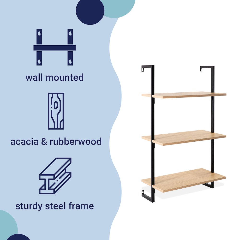 Industrial 3-Shelf Wood Wall-Mounted Open Ladder Bookcase with Metal Frame. Picture 1