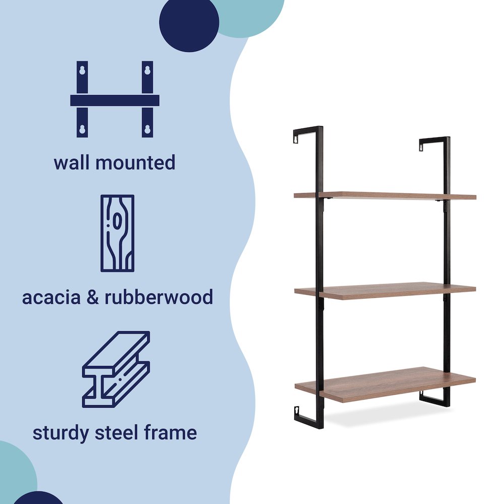 Industrial 3-Shelf Wood Wall-Mounted Open Ladder Bookcase with Metal Frame. Picture 1