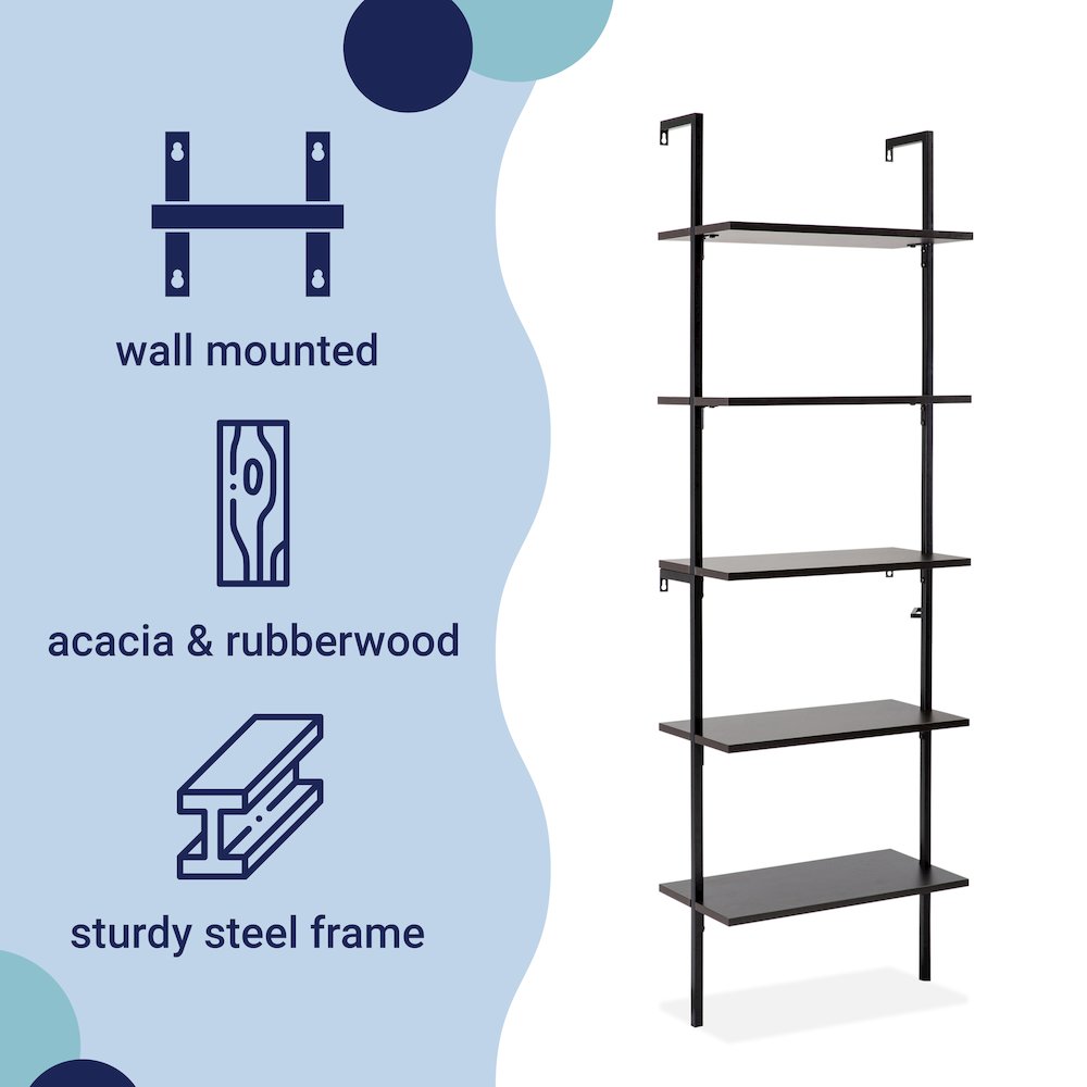 Industrial 5-Shelf Wood Wall-Mounted Open Ladder Bookcase with Metal Frame. Picture 1