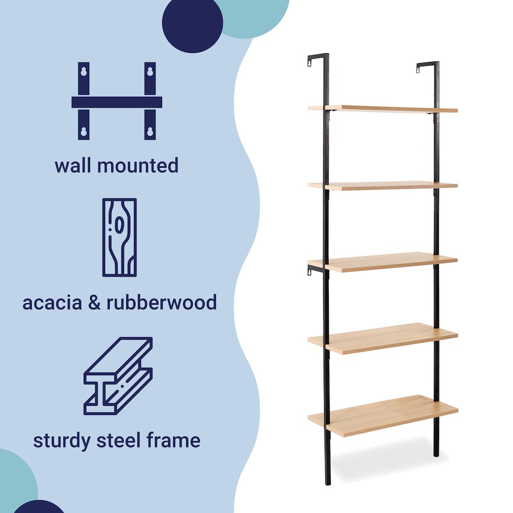 Industrial 5-Shelf Wood Wall-Mounted Open Ladder Bookcase with Metal Frame. Picture 1