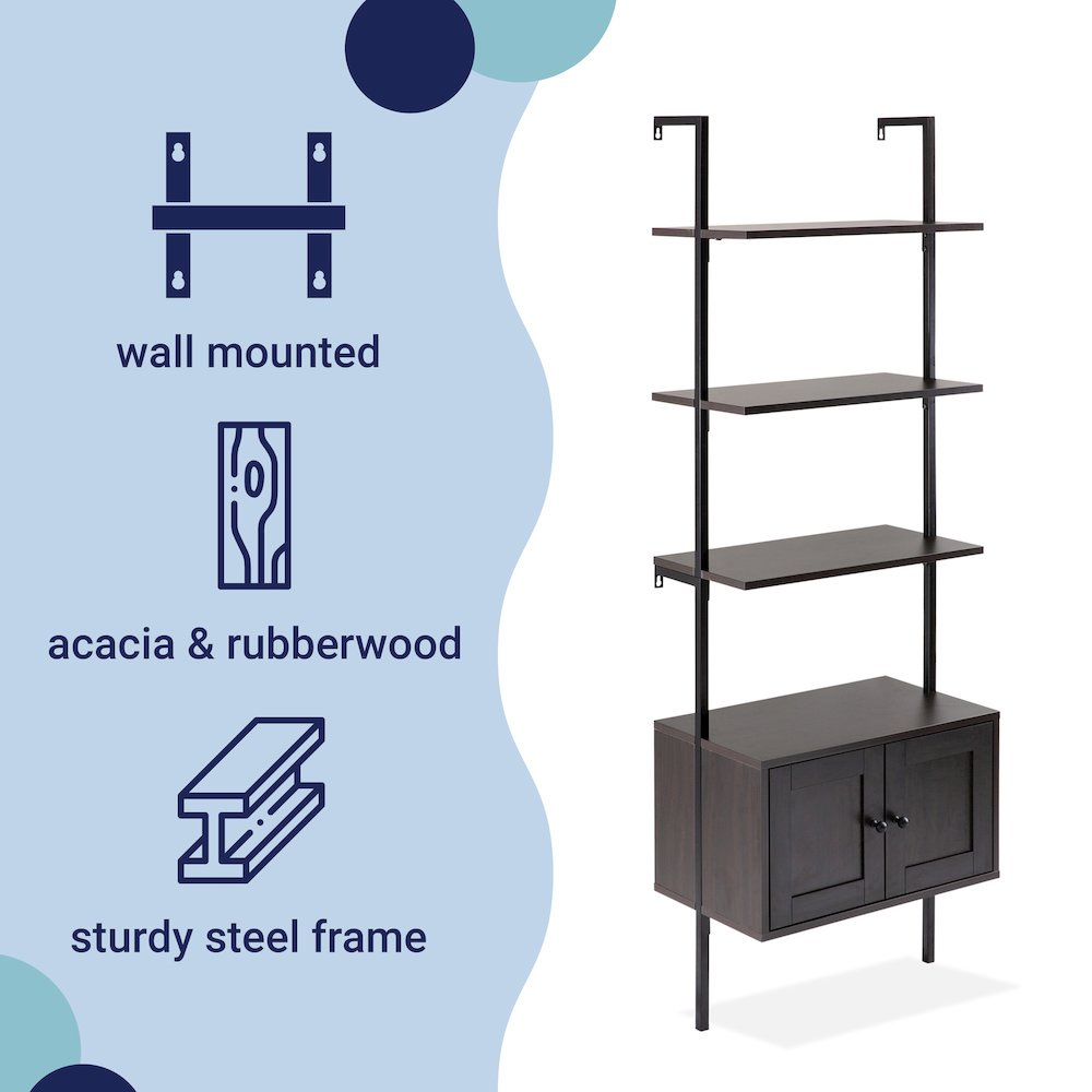 Industrial 4-Shelf Wood Wall-Mounted Open Ladder Bookcase with Cabinet. Picture 2