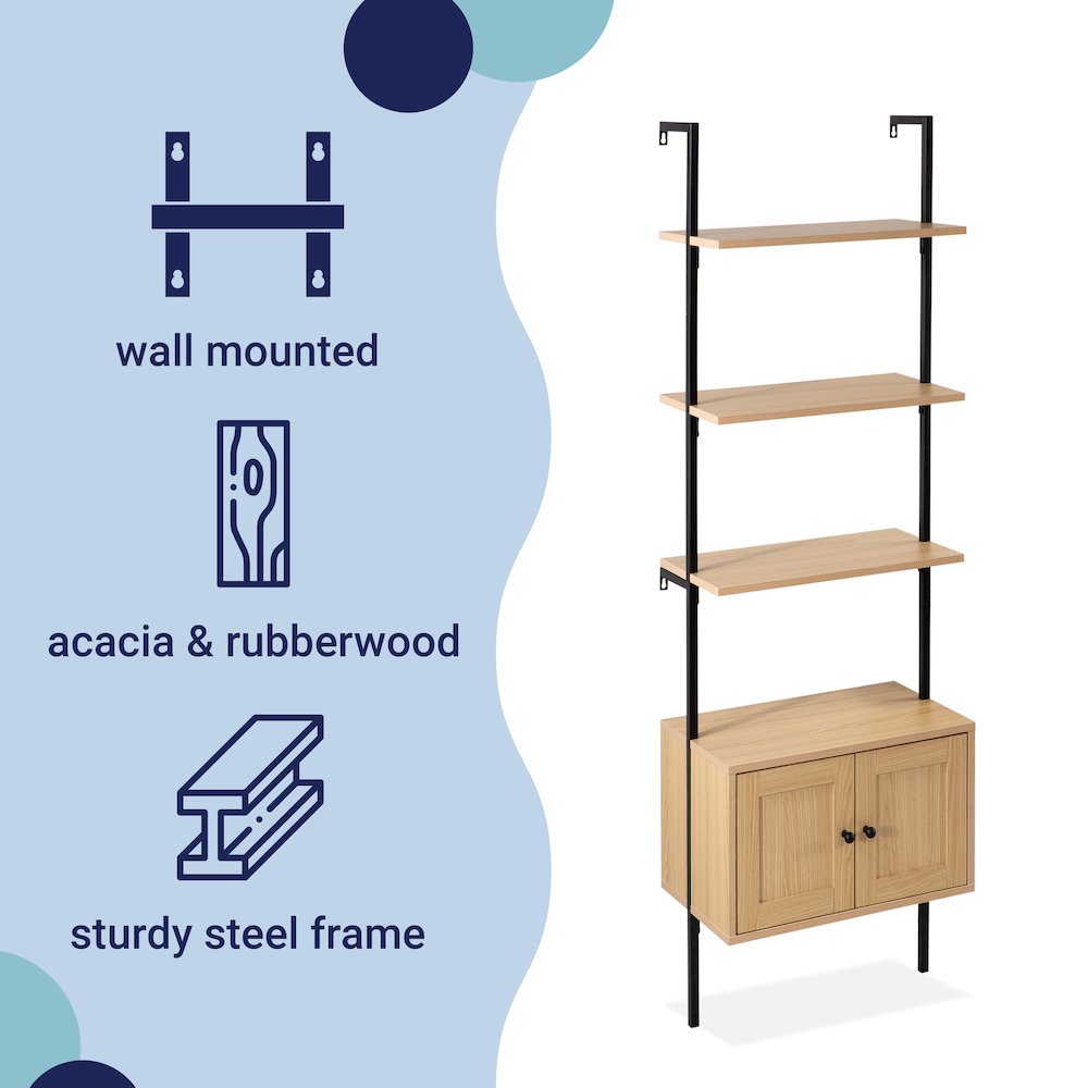 Industrial 4-Shelf Wood Wall-Mounted Open Ladder Bookcase with Cabinet. Picture 1