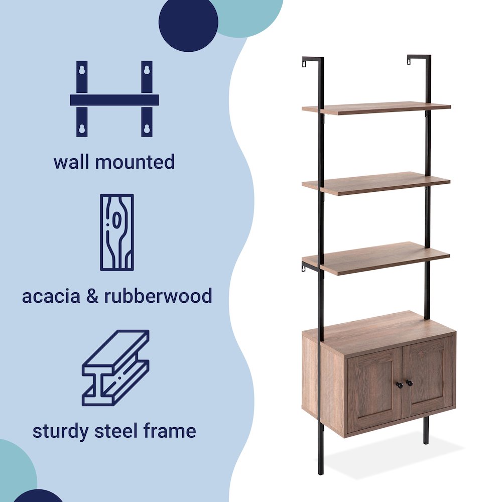 Industrial 4-Shelf Wood Wall-Mounted Open Ladder Bookcase with Cabinet. Picture 1