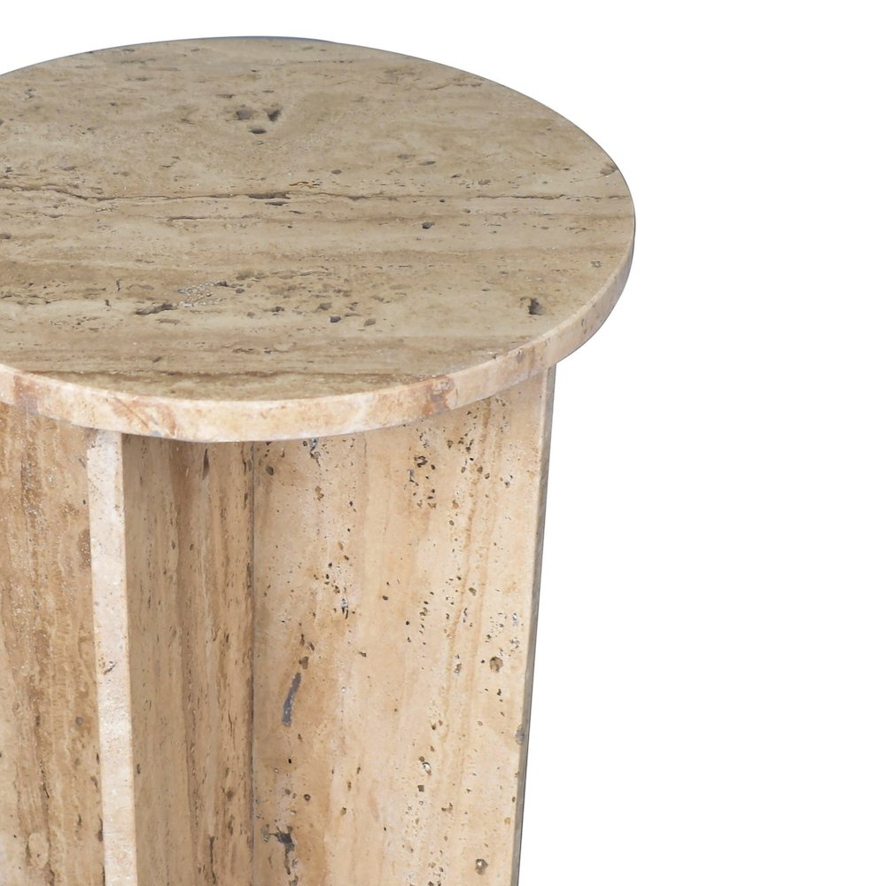 Javier Minimalist 17.75" Round Solid Travertine Marble End Table. Picture 4