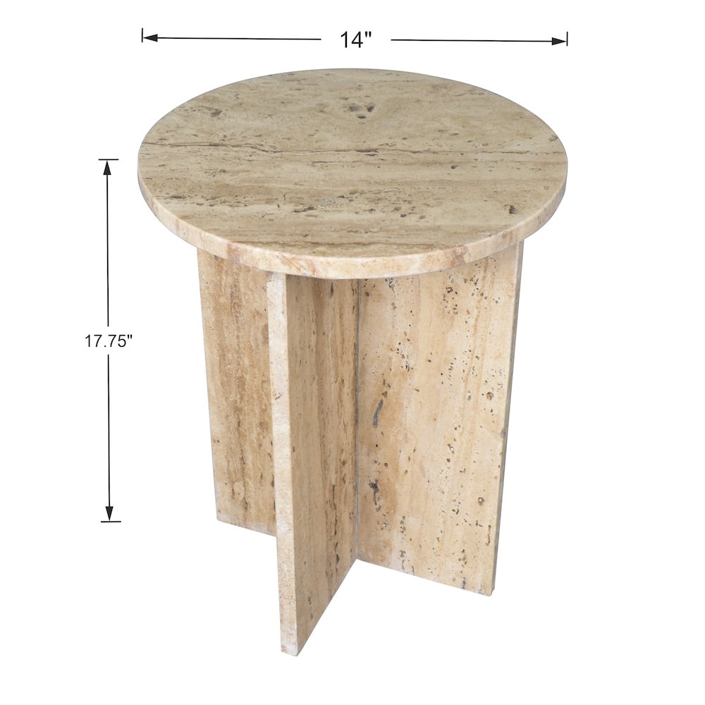 Javier Minimalist 17.75" Round Solid Travertine Marble End Table. Picture 3