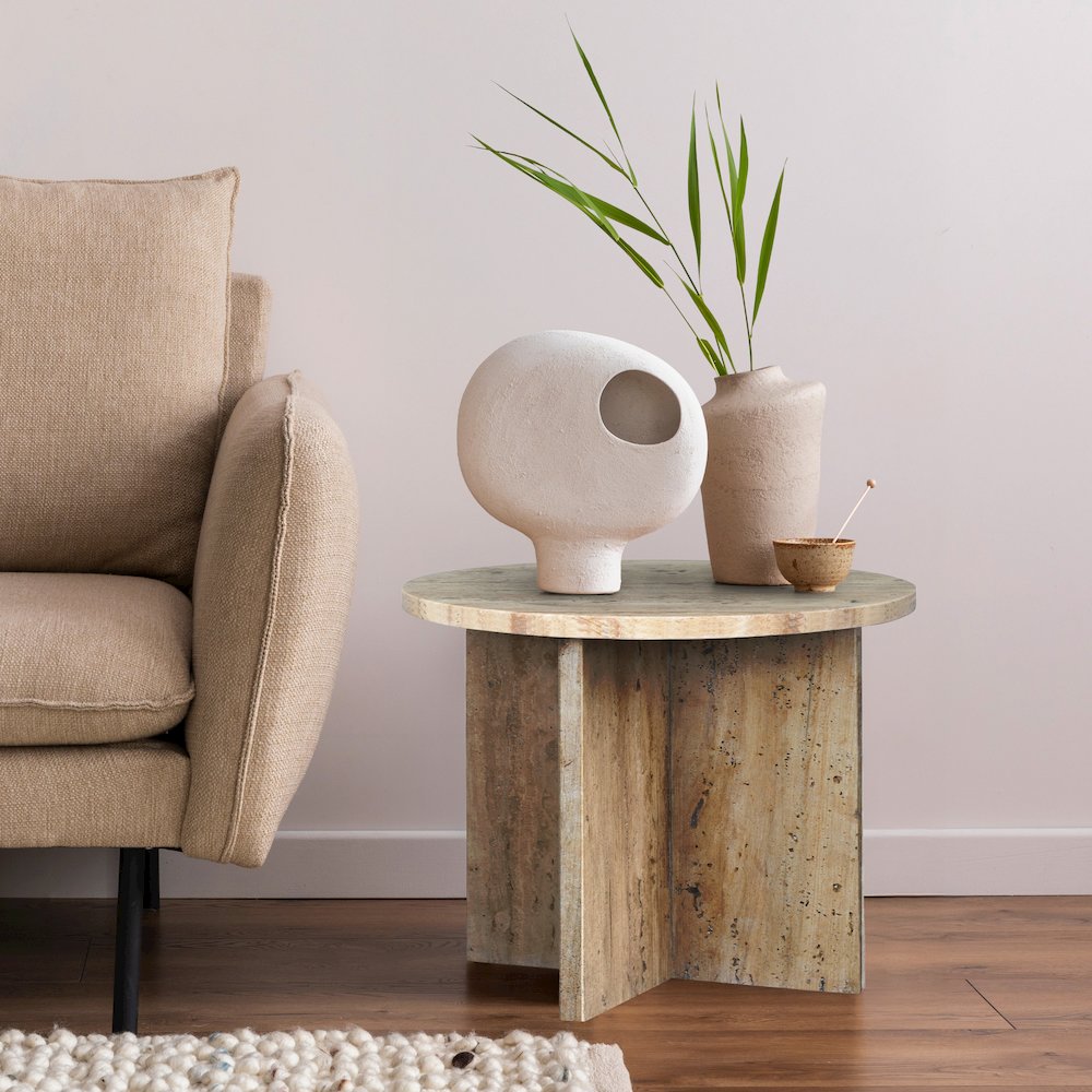 Javier Minimalist 17.75" Round Solid Travertine Marble End Table. Picture 2