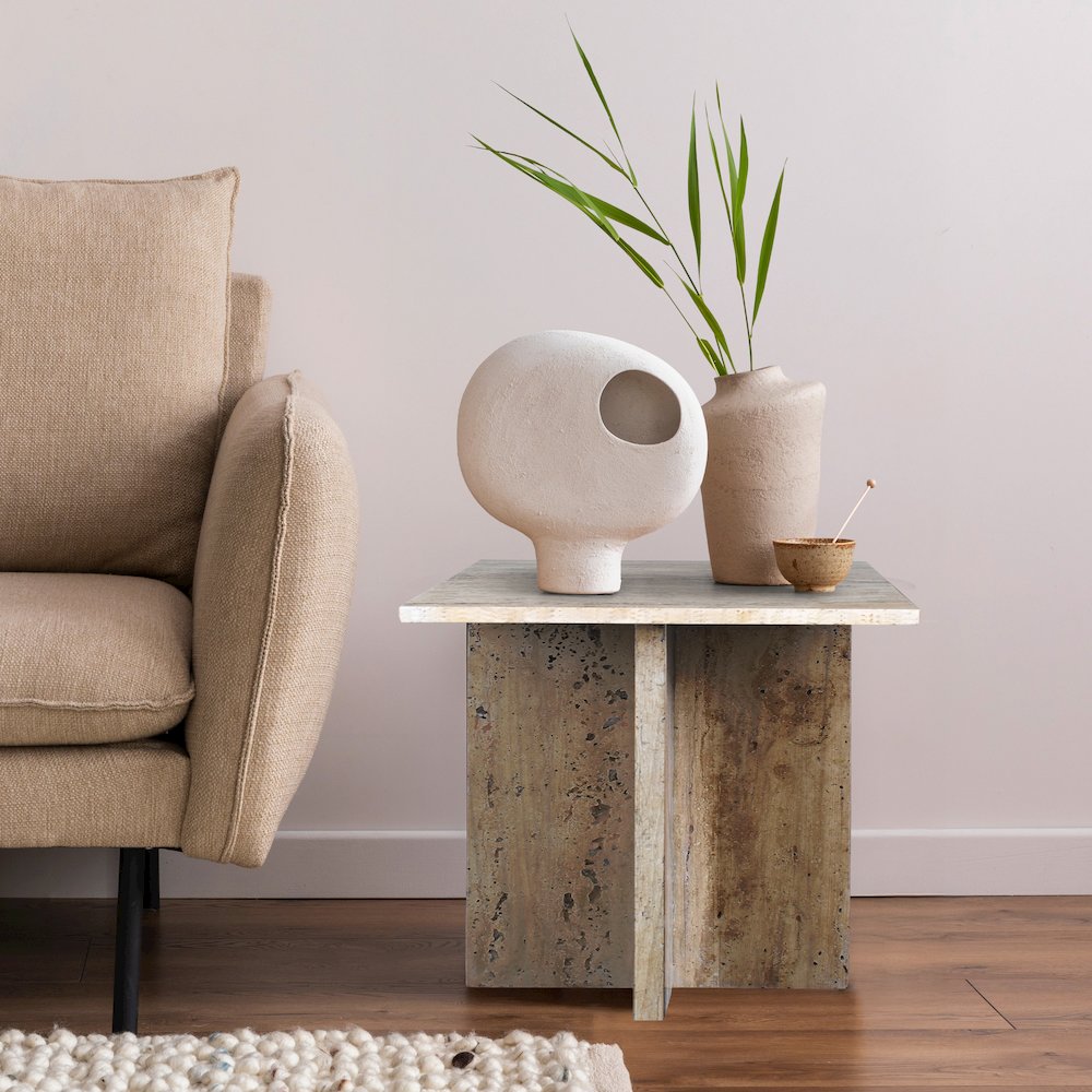 Cecil Modern 18.5" Square Natural Marble End Table with Cross Base. Picture 2