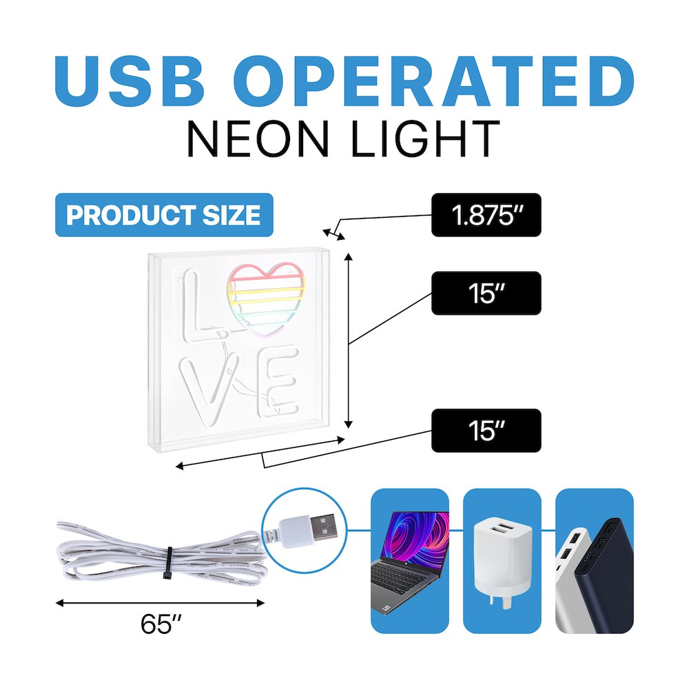 Love Square Contemporary Glam Acrylic Box Usb Operated Led Neon Light. Picture 3