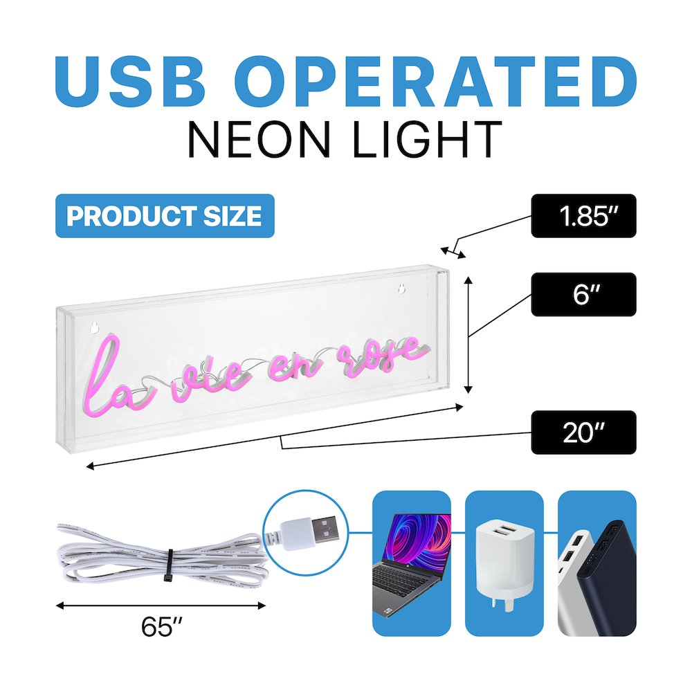 La Vie En Rose Contemporary Glam Acrylic Box Usb Operated Led Neon Light. Picture 3