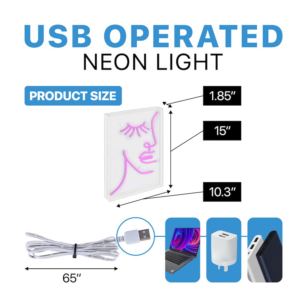 Half Face Contemporary Glam Acrylic Box Usb Operated Led Neon Light. Picture 3