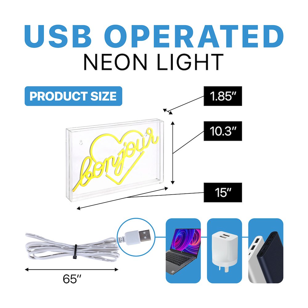 Bonjour Heart Contemporary Glam Acrylic Box Usb Operated Led Neon Light. Picture 3