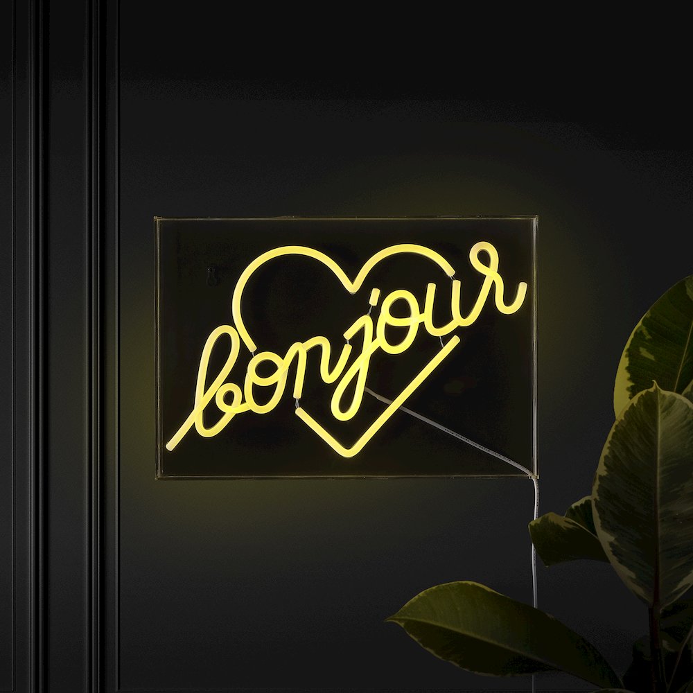 Bonjour Heart Contemporary Glam Acrylic Box Usb Operated Led Neon Light. Picture 7