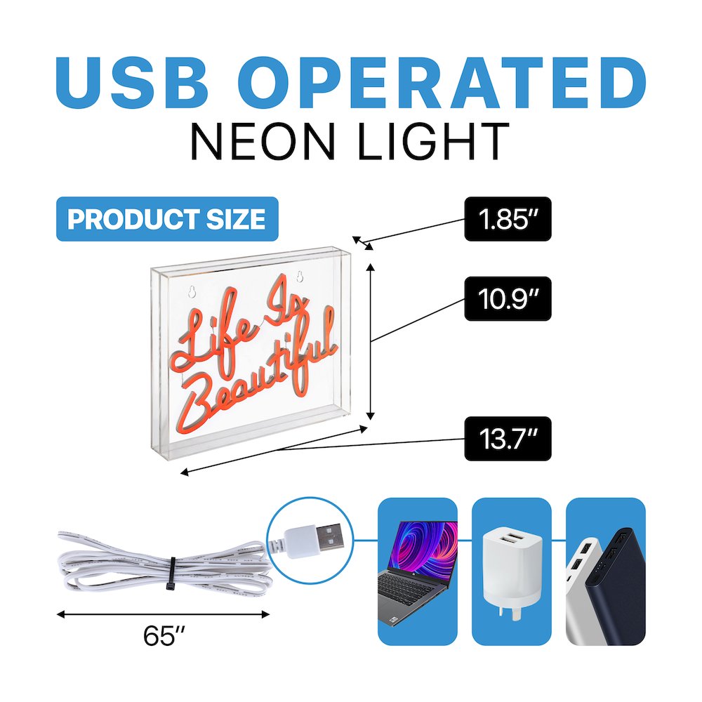 Life Is Beautiful Contemporary Glam Acrylic Box Usb Operated Led Neon Light. Picture 3