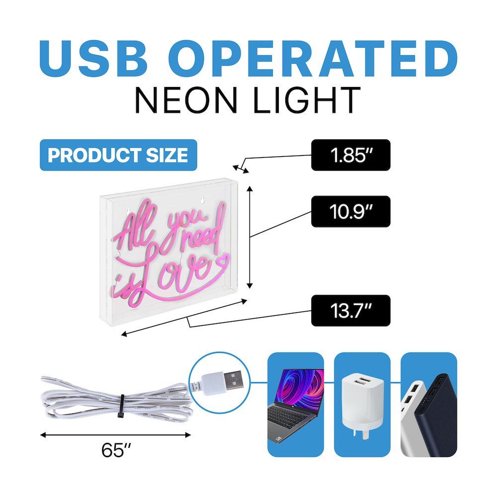 All You Need Is Love Contemporary Glam Acrylic Box Usb Operated Led Neon Light. Picture 3