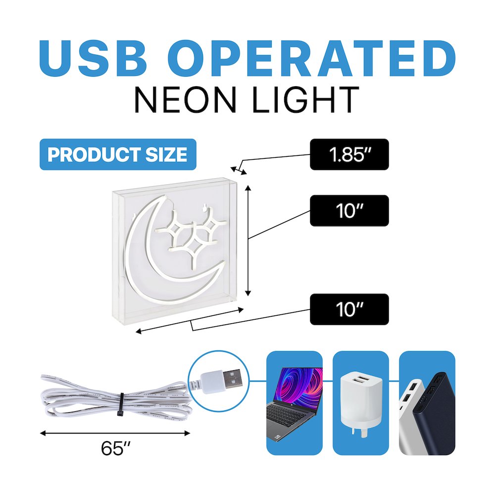 Starry Crescent Square Contemporary Glam Acrylic Box Usb Operated Led Neon Light. Picture 3