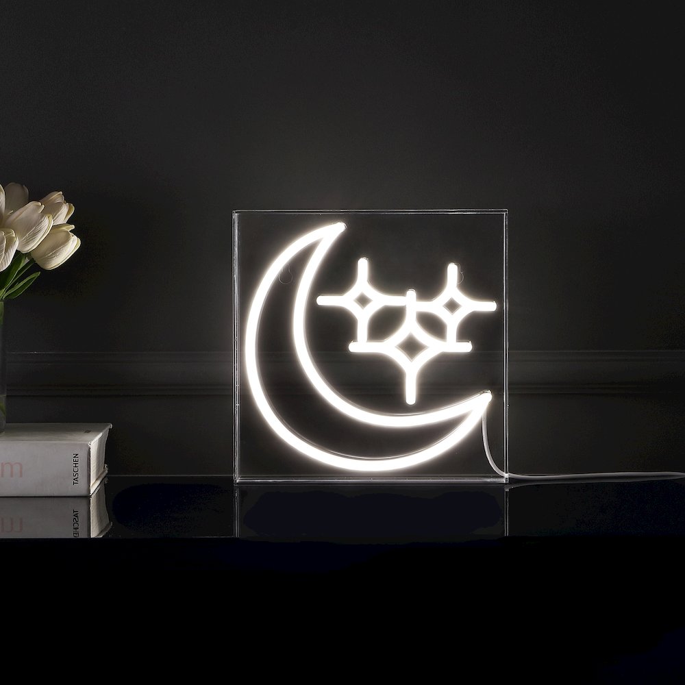Starry Crescent Square Contemporary Glam Acrylic Box Usb Operated Led Neon Light. Picture 5