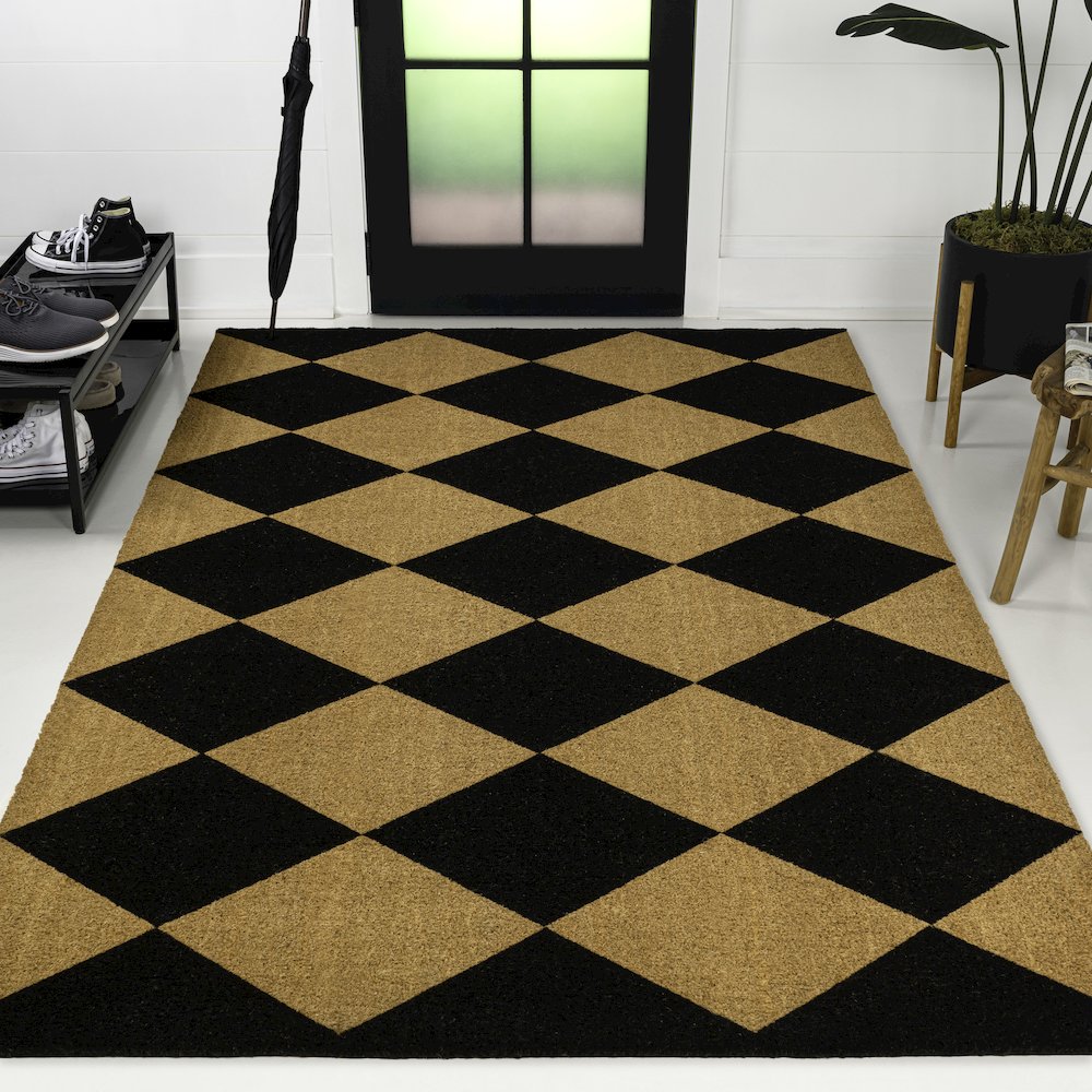 Diamond-Patterned Coir Natural/Black 3 ft. x 5 ft. Indoor/Outdoor Area Rug. Picture 5