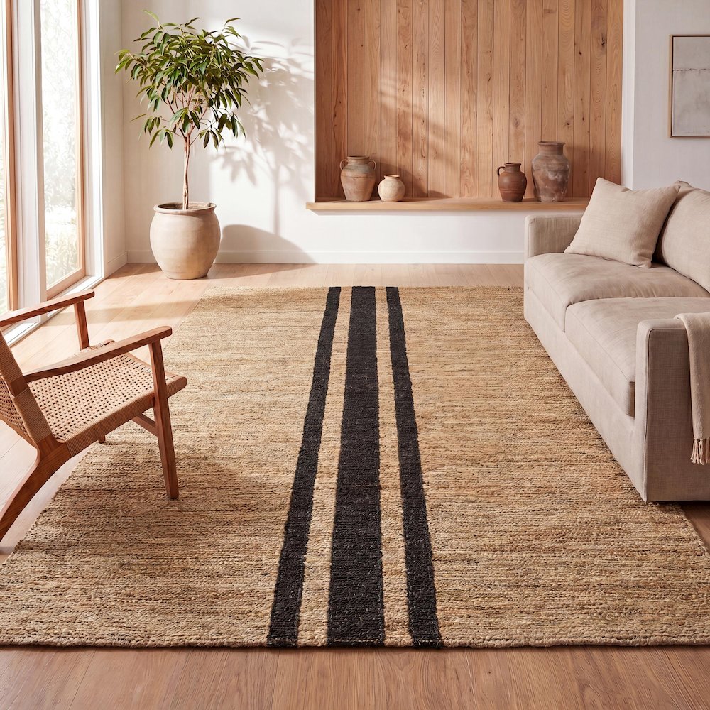 Olivier Rustic Beach House Wide Ticking Stripe Jute Area Rug. Picture 5