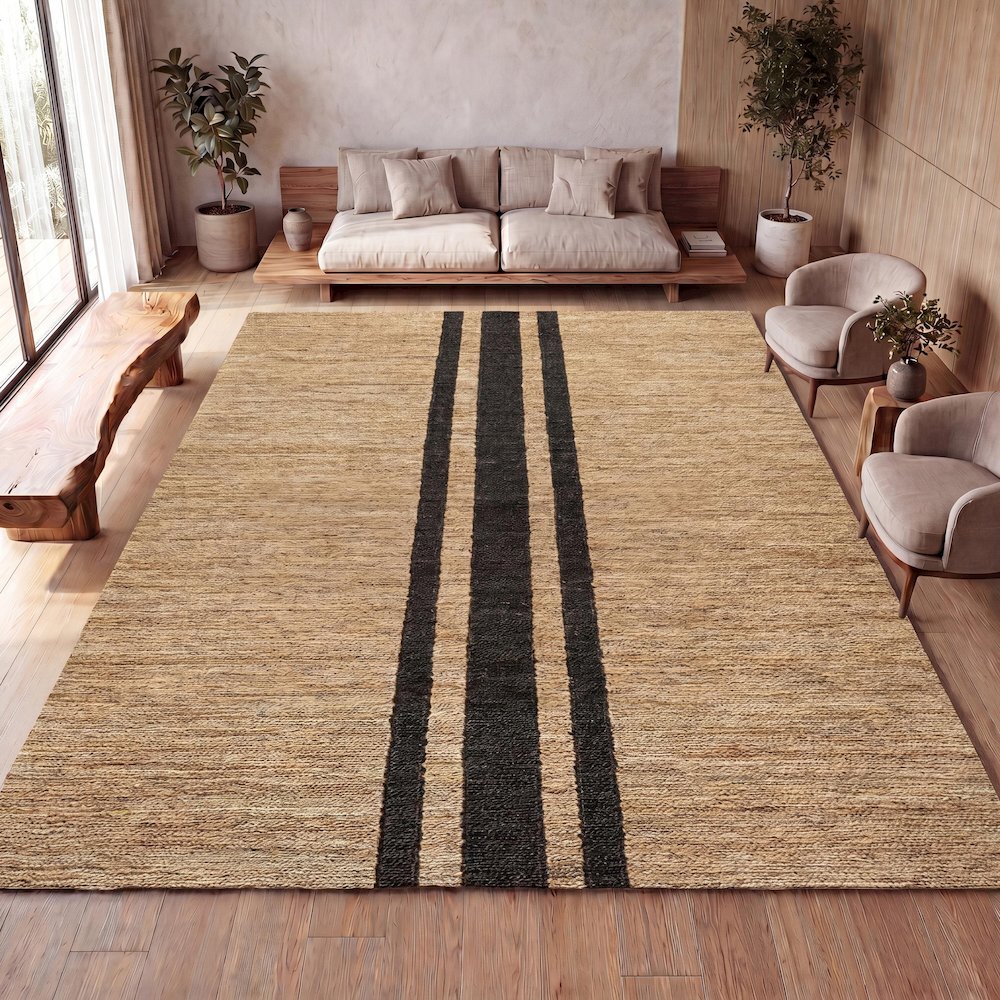 Olivier Rustic Beach House Wide Ticking Stripe Jute Area Rug. Picture 6
