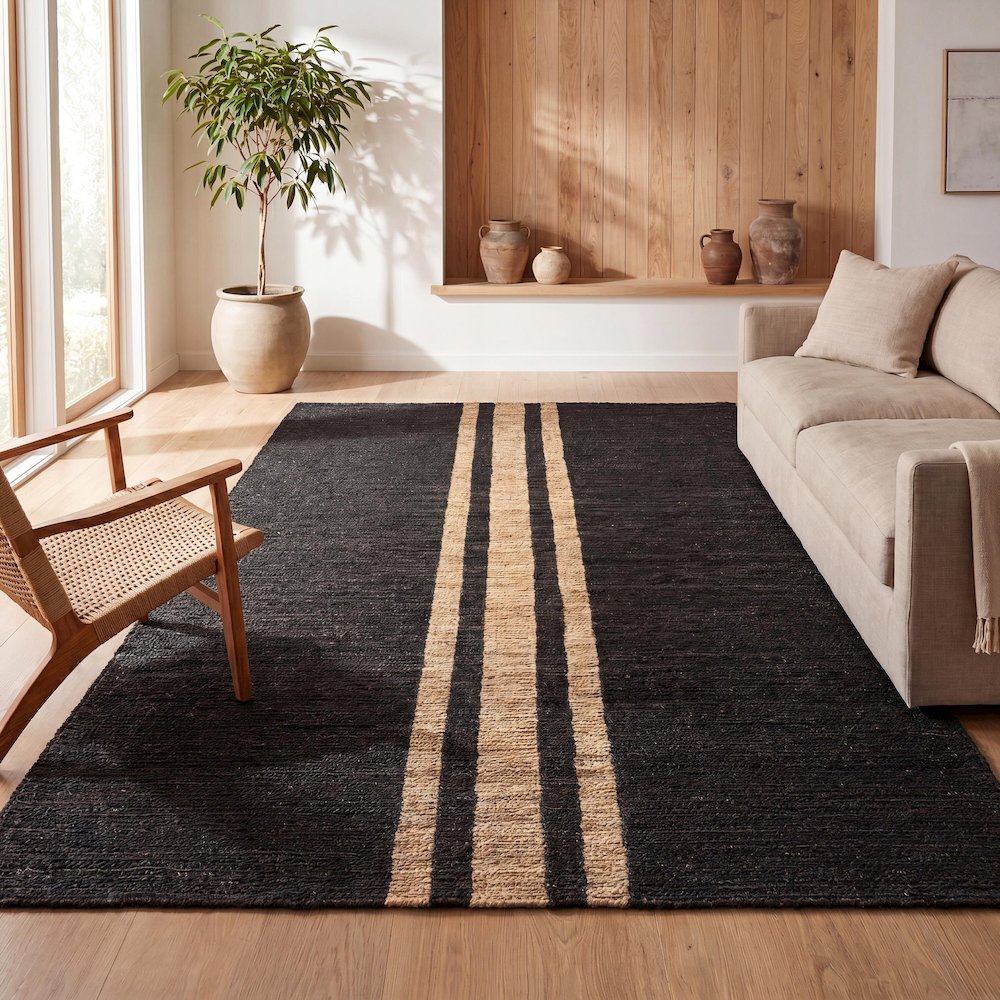 Olivier Rustic Farmhouse Wide Ticking Stripe Jute Area Rug. Picture 8
