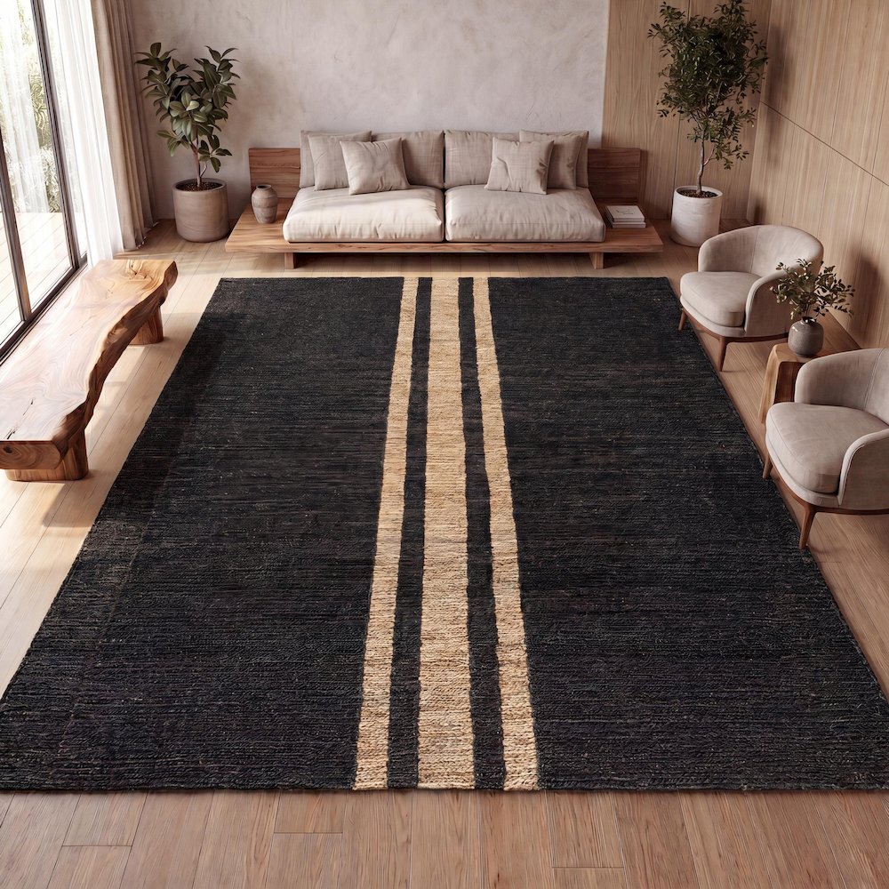 Olivier Rustic Farmhouse Wide Ticking Stripe Jute Area Rug. Picture 9