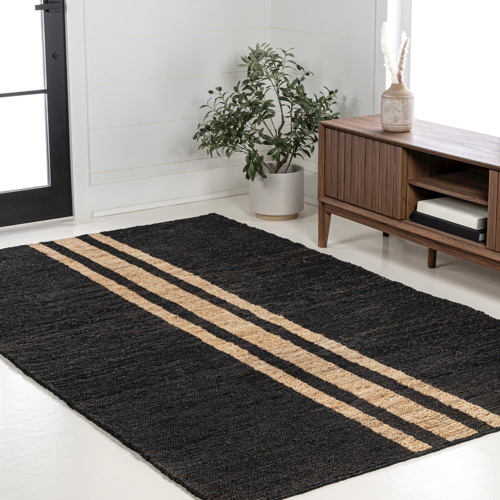 Olivier Rustic Farmhouse Wide Ticking Stripe Jute Area Rug. Picture 2