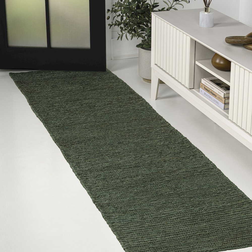 Griffin Rustic Farmhouse Woven Jute Solid Green 2 ft. x 8 ft. Runner Rug. Picture 2