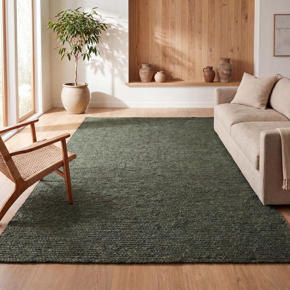 Griffin Rustic Farmhouse Woven Jute Solid Green 5 ft. x 8 ft. Area Rug. Picture 7