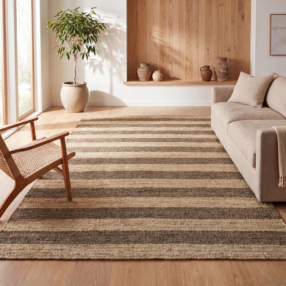 Jayden Rustic Farmhouse Woven Jute Stripe Natural/Brown 5 ft. x 8 ft. Area Rug. Picture 7