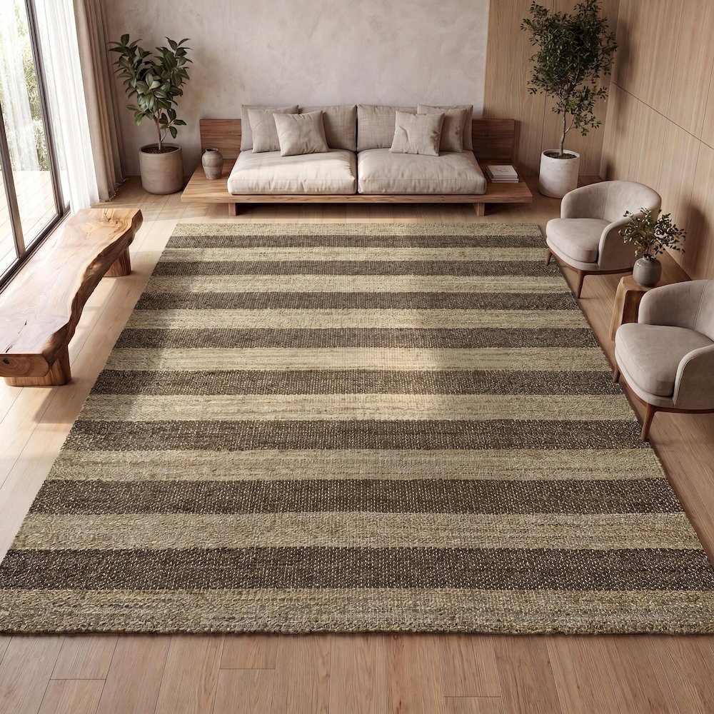 Jayden Rustic Farmhouse Woven Jute Stripe Natural/Brown 5 ft. x 8 ft. Area Rug. Picture 8