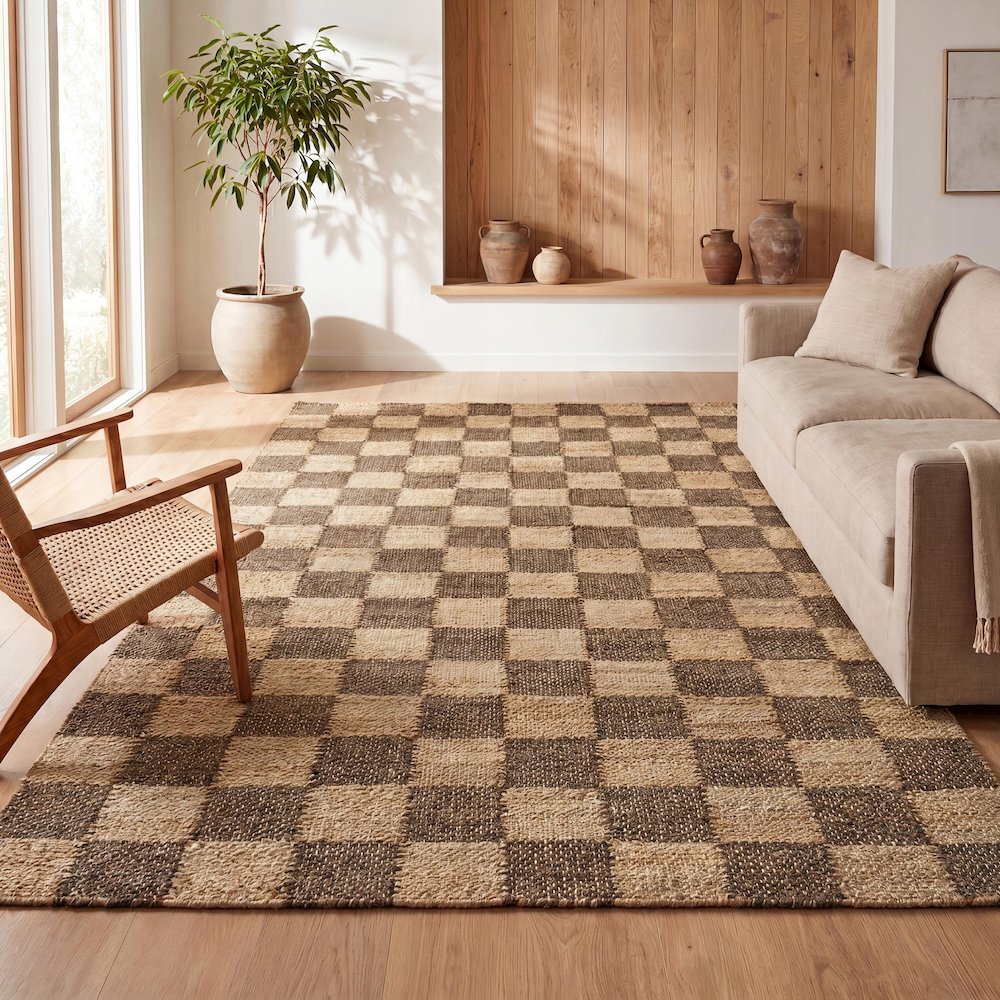 Theo Farmhouse Woven Jute Checkerboard Natural/Brown 5 ft. x 8 ft. Area Rug. Picture 7