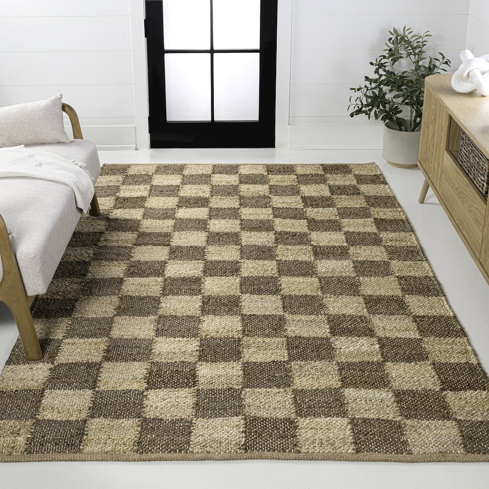 Theo Farmhouse Woven Jute Checkerboard Natural/Brown 3 ft. x 5 ft. Area Rug. Picture 2