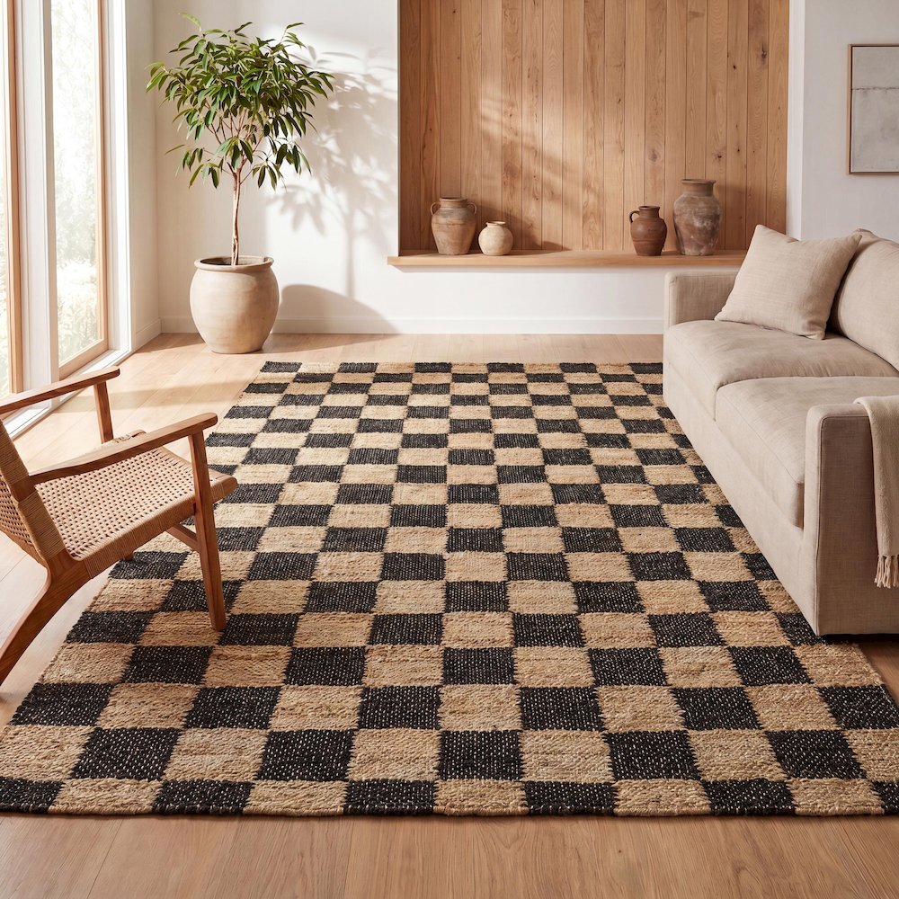 Theo Farmhouse Woven Jute Checkerboard Natural/Black 5 ft. x 8 ft. Area Rug. Picture 6