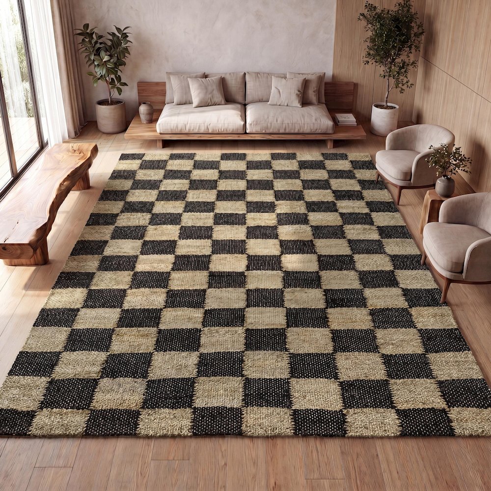 Theo Farmhouse Woven Jute Checkerboard Natural/Black 5 ft. x 8 ft. Area Rug. Picture 7