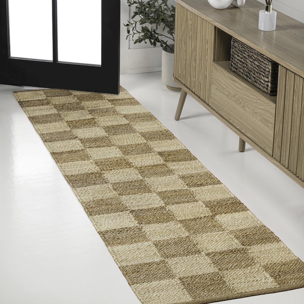 Theo Farmhouse Woven Jute Checkerboard Natural/Bleach 2 ft. x 10 ft. Runner Rug. Picture 2