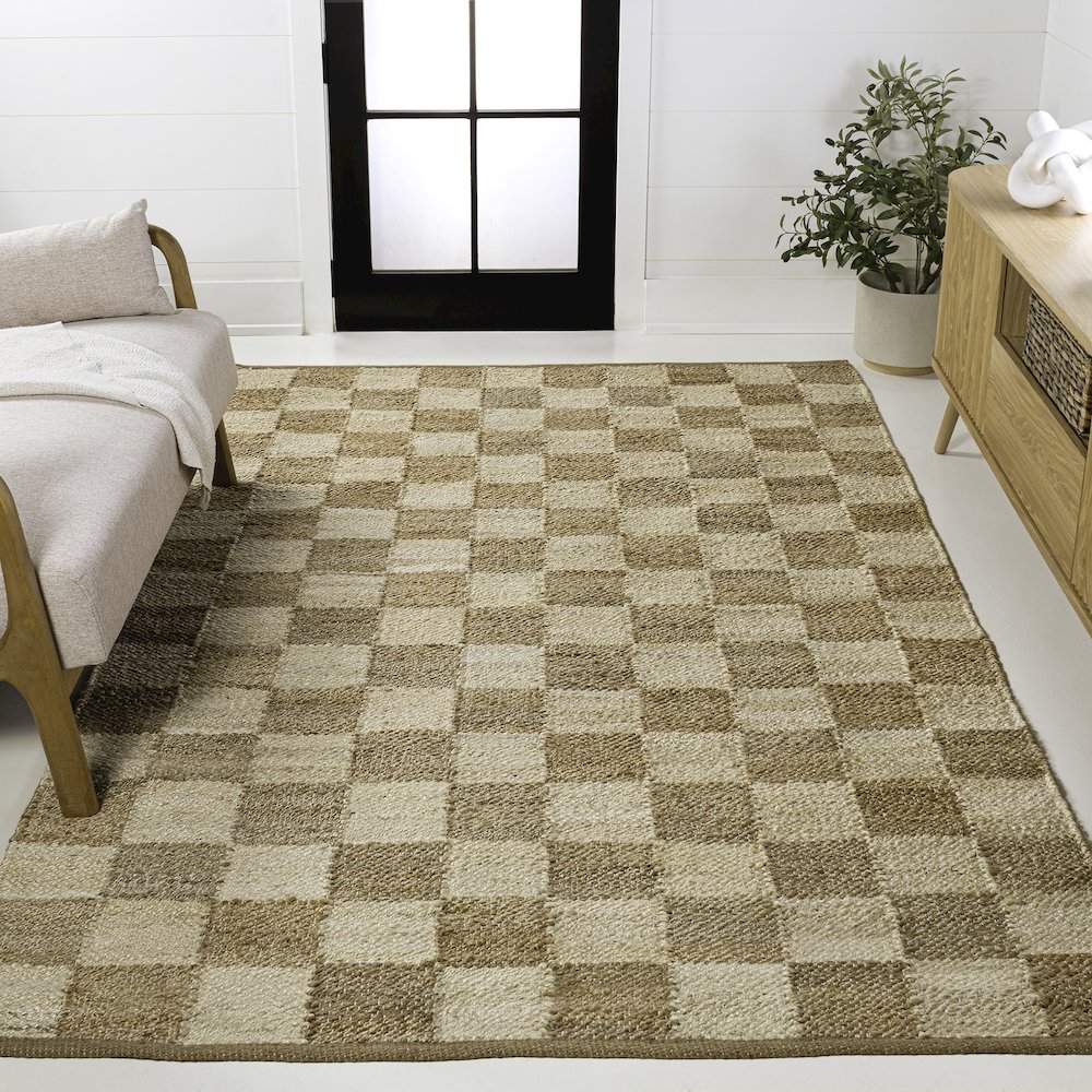 Theo Farmhouse Woven Jute Checkerboard Natural/Bleach 3 ft. x 5 ft. Area Rug. Picture 2